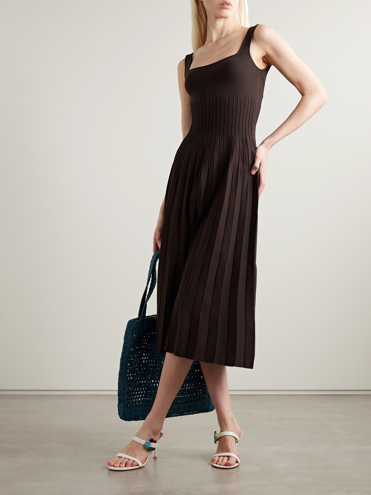 Staud Ellison Pleated Ribbed-knit Midi Dress In Brown