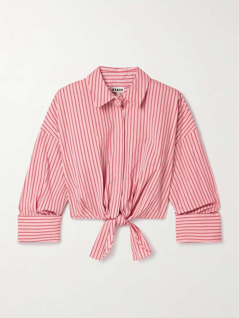 Staud Lisa Tie-front Cropped Striped Cotton-blend Poplin Top