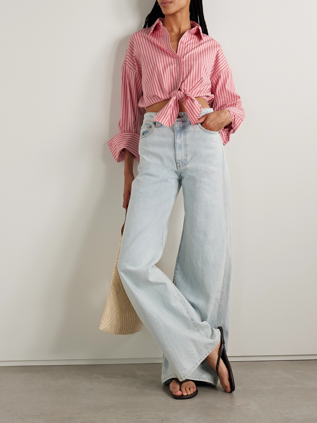 Staud Lisa Tie-front Cropped Striped Cotton-blend Poplin Top