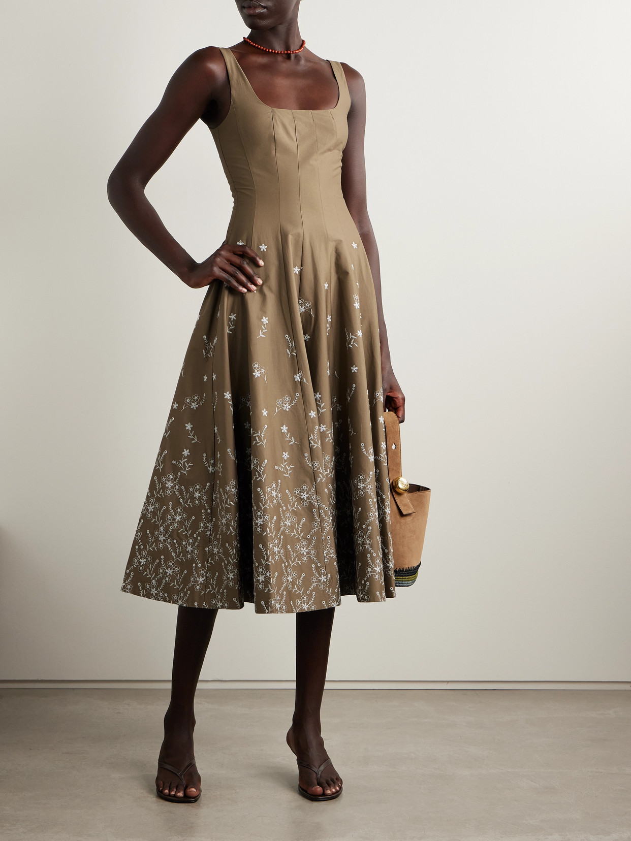 Staud Wells Pleated Embroidered Cotton-blend Poplin Midi Dress
