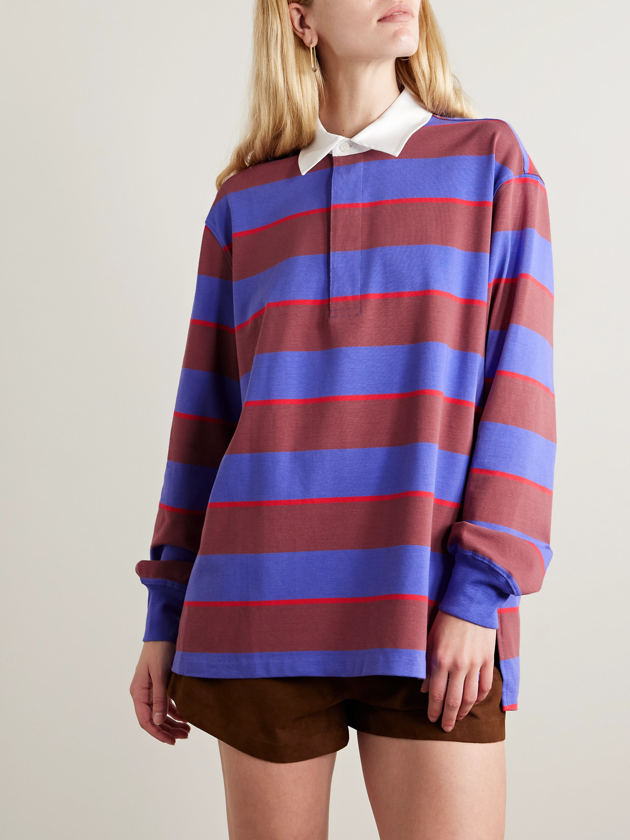 Staud Gavin Striped Cotton-blend Jersey Polo Shirt