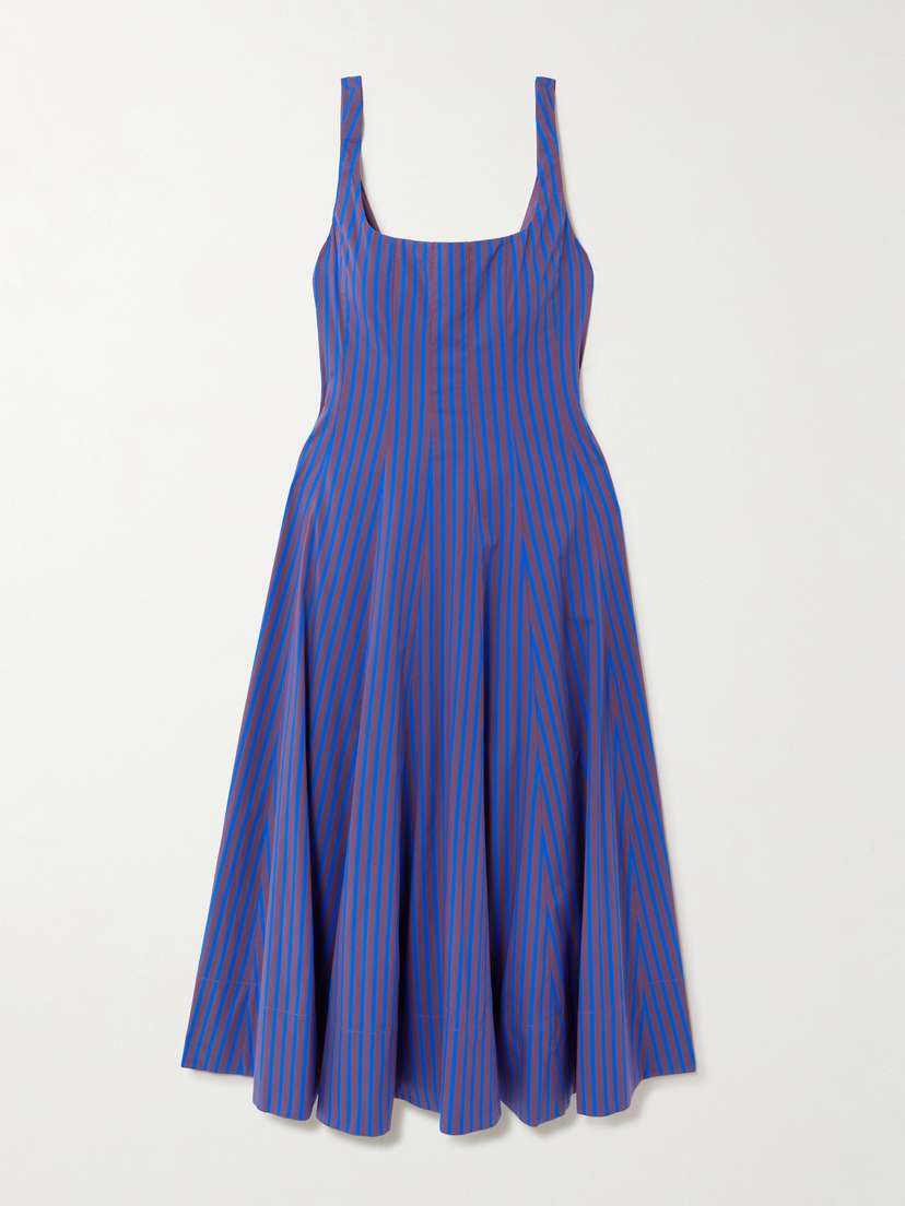 Staud Wells Pleated Striped Cotton-blend Poplin Midi Dress
