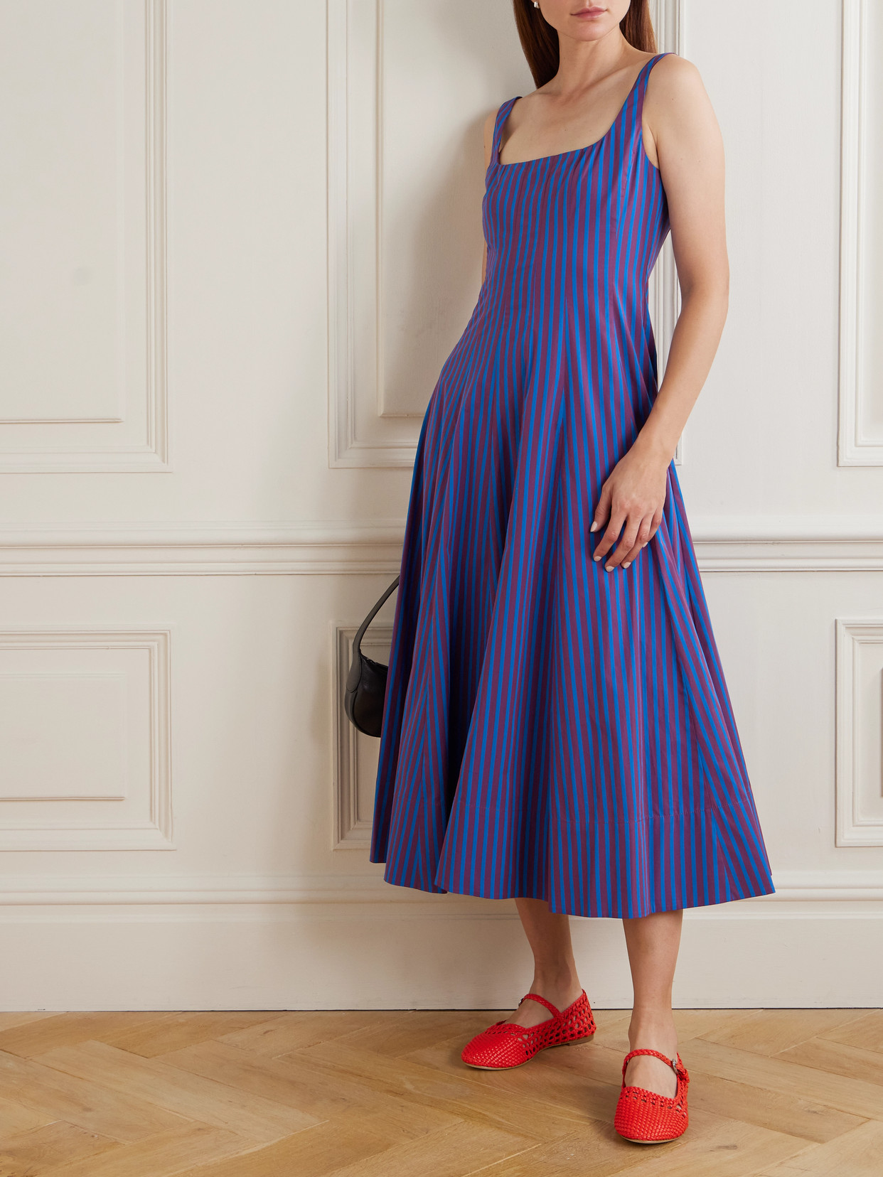 Staud Wells Pleated Striped Cotton-blend Poplin Midi Dress