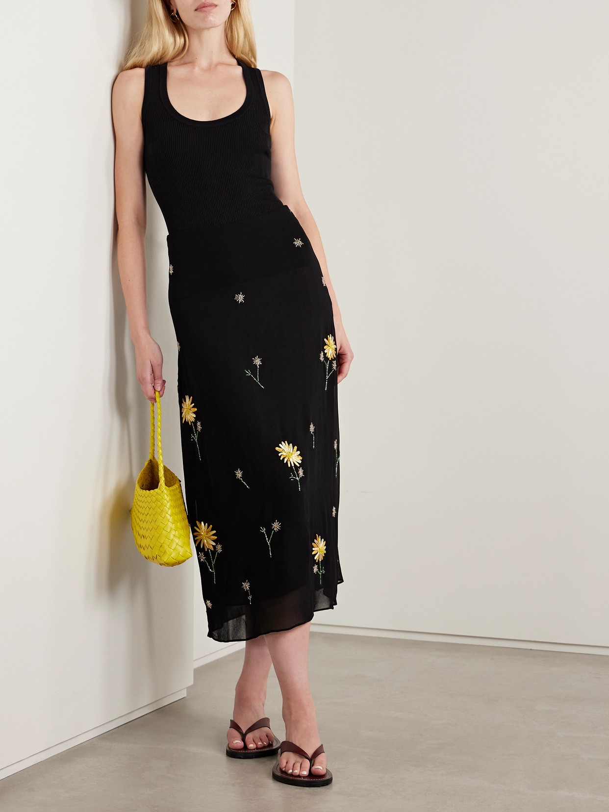 Staud Angela Bead-embellished Crepe De Chine Midi Skirt