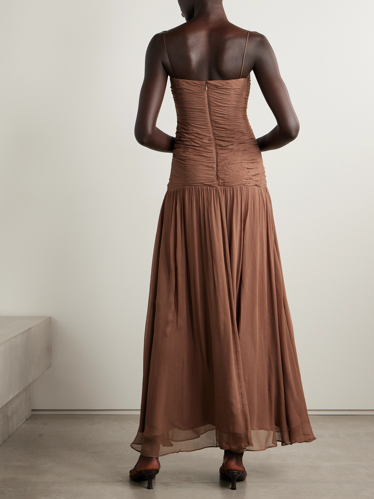 Staud Dalton Ruched Gathered Crepon Maxi Dress In Brown