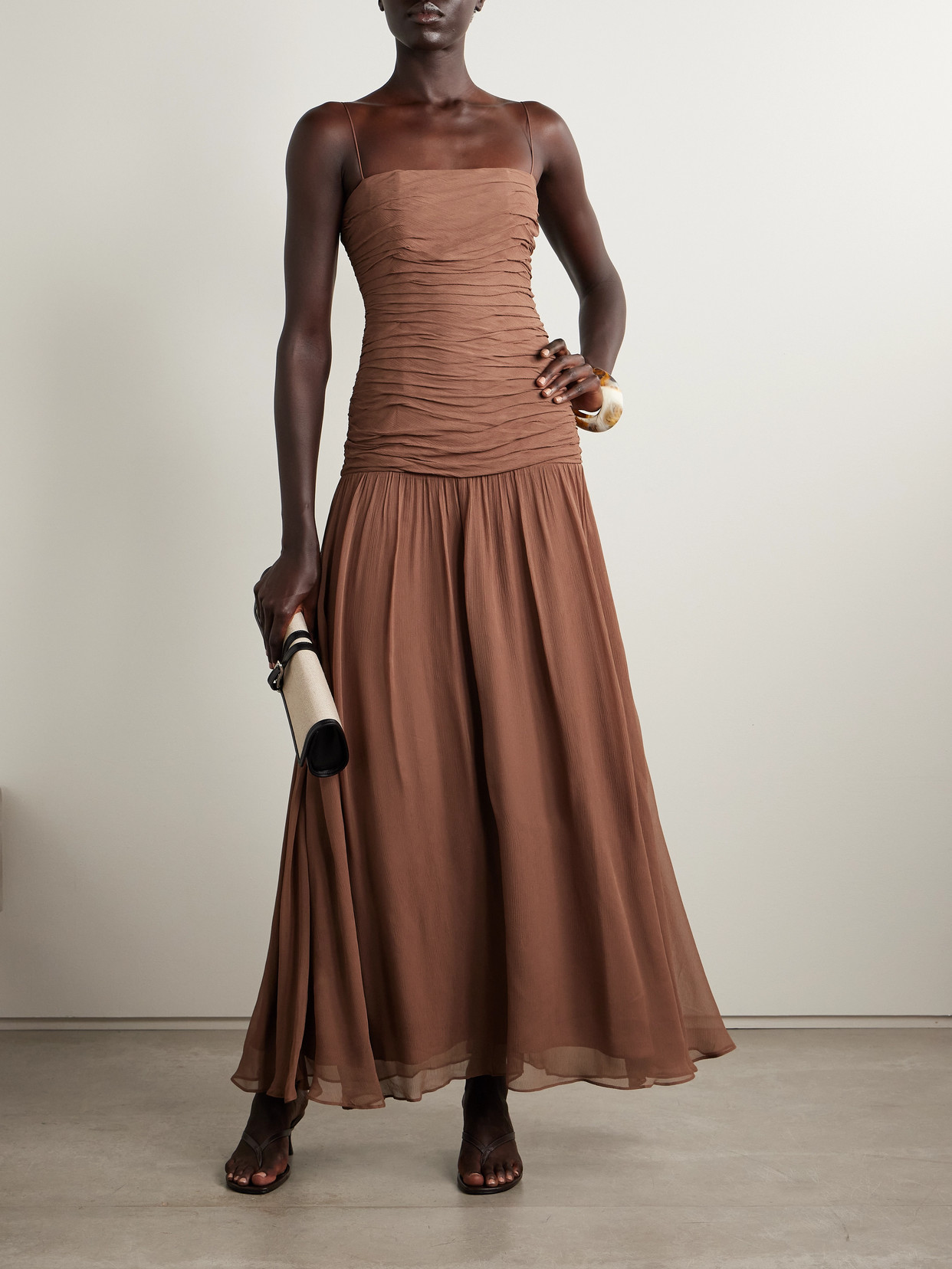 Staud Dalton Ruched Gathered Crepon Maxi Dress In Brown