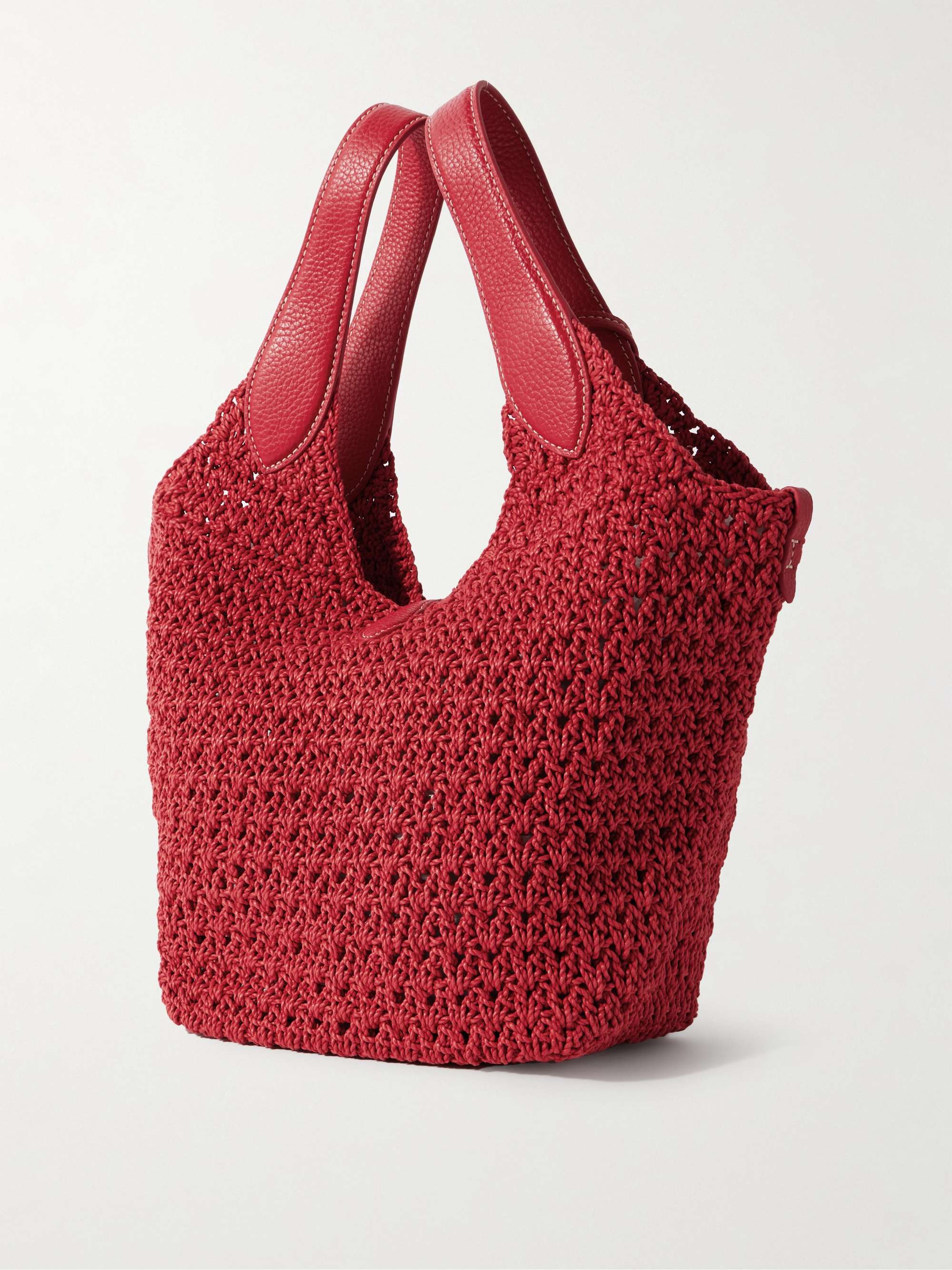 Polo Play medium textured leather-trimmed crocheted cotton tote - red - One Size