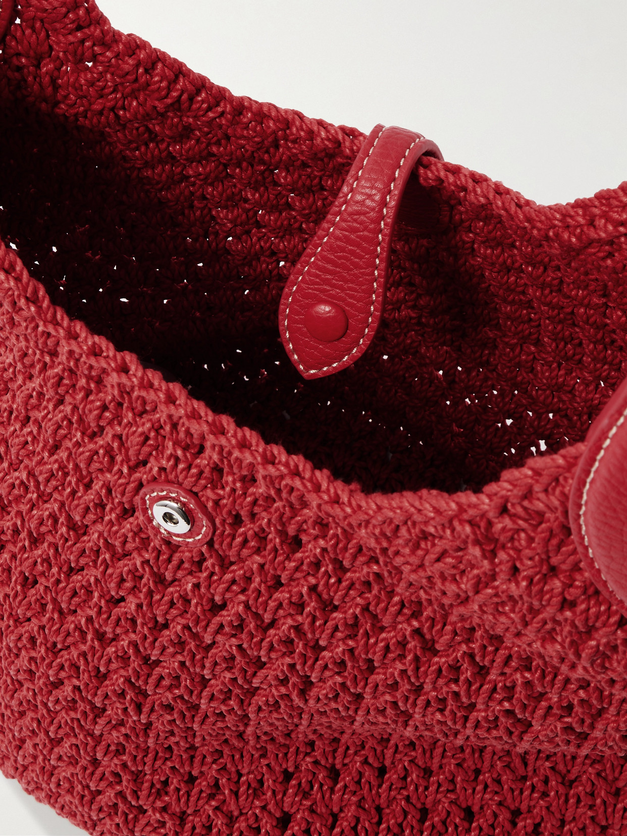 Polo Ralph Lauren Polo Play Medium Textured Leather-trimmed Crocheted Cotton Tote In Red