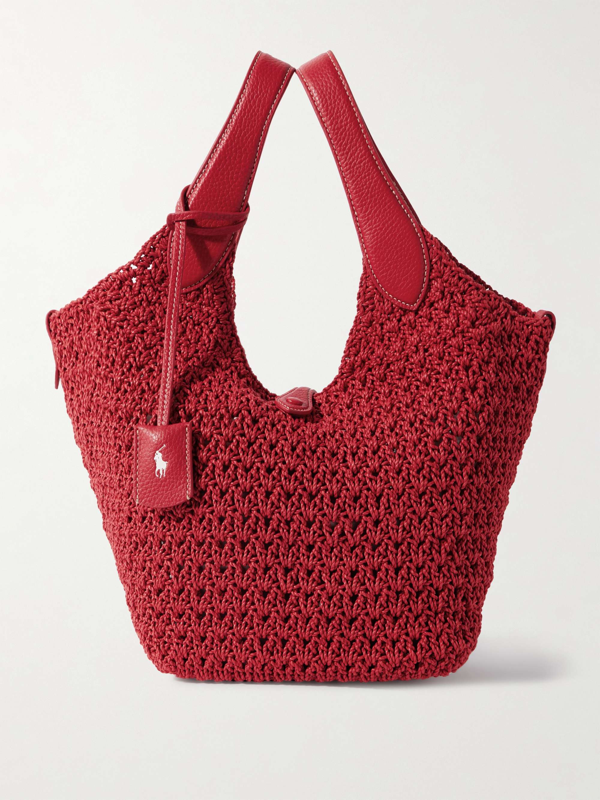 Polo Play medium textured leather-trimmed crocheted cotton tote - red - One Size