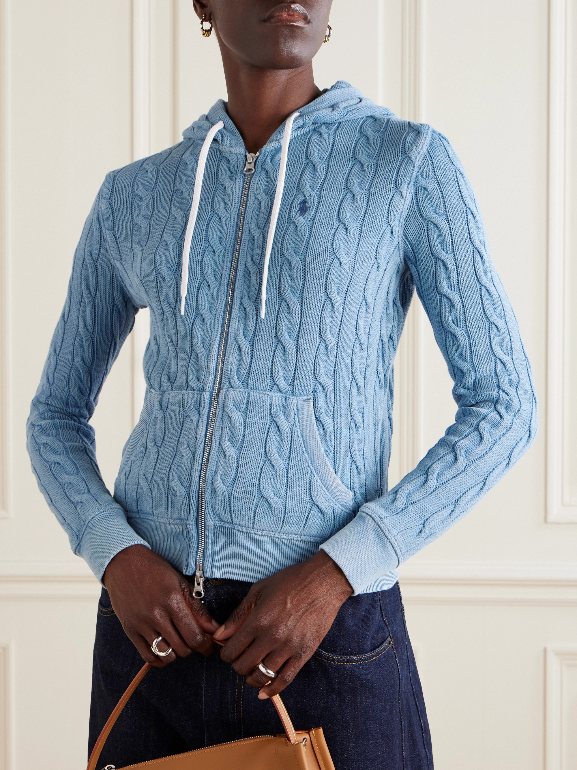 Polo Ralph Lauren Hooded embroidered cable-knit cotton cardigan