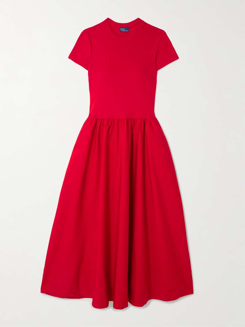 Polo Ralph Lauren Cotton-jersey And Gathered Cotton-poplin Midi Dress