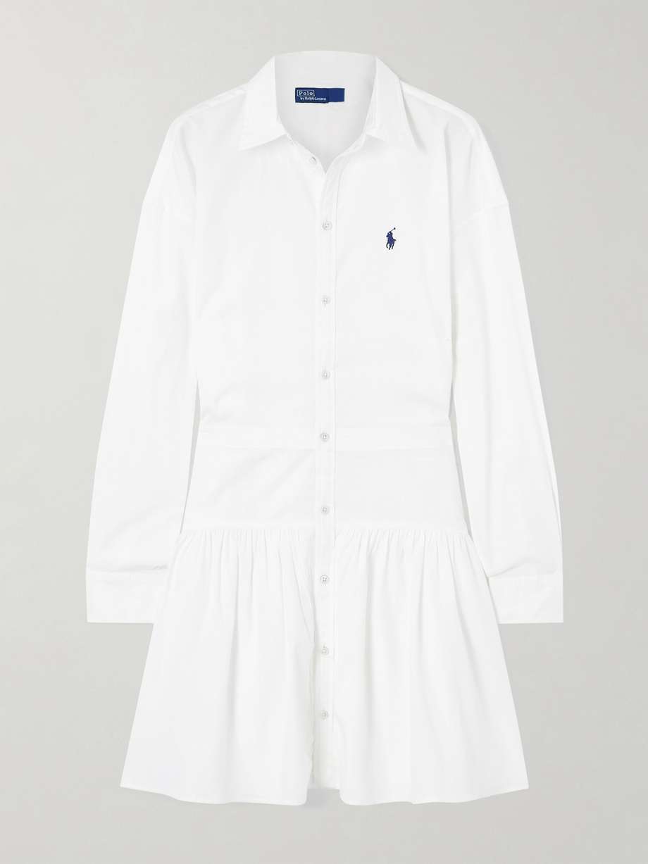 embroidered paneled cotton-poplin mini shirt dress