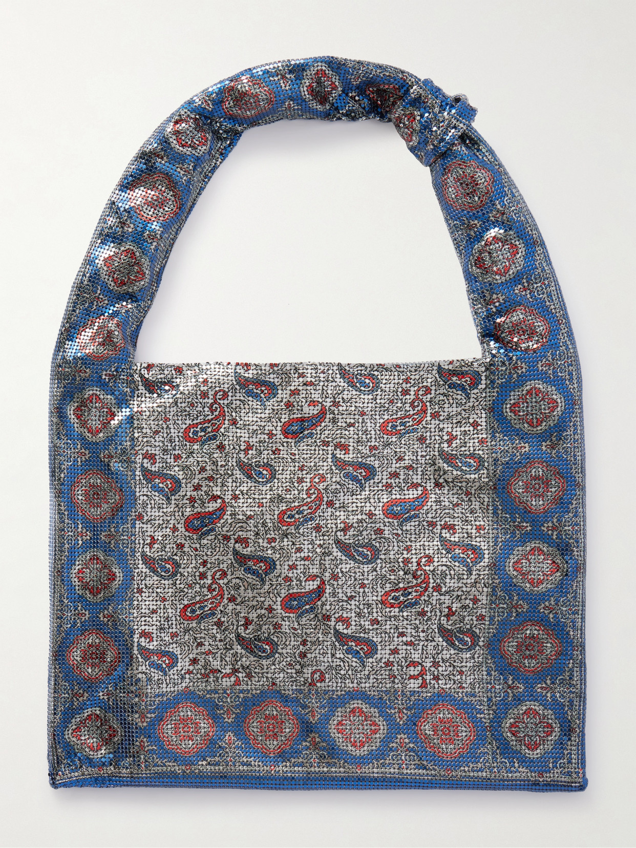 Rabanne Sac A Main Fringed Paisley-print Chainmail Tote In Blue