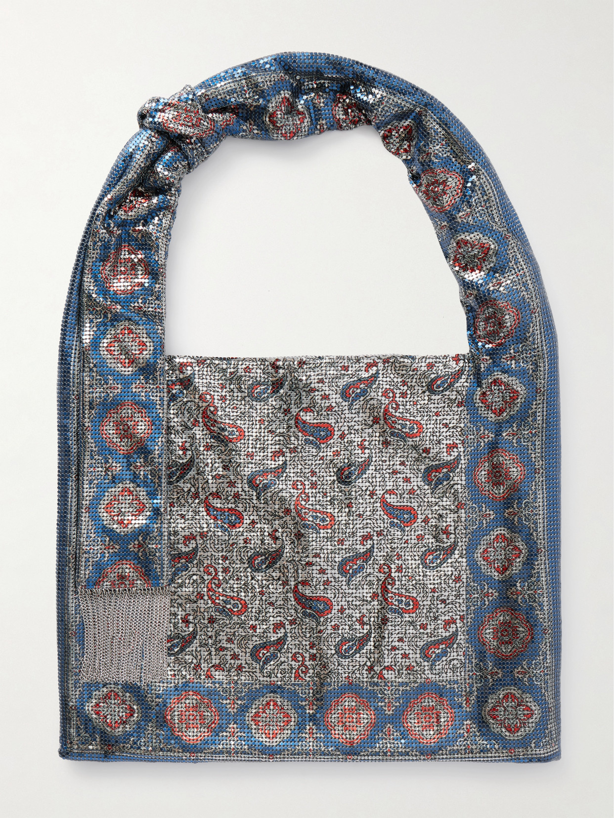 Rabanne Sac A Main Fringed Paisley-print Chainmail Tote In Blue