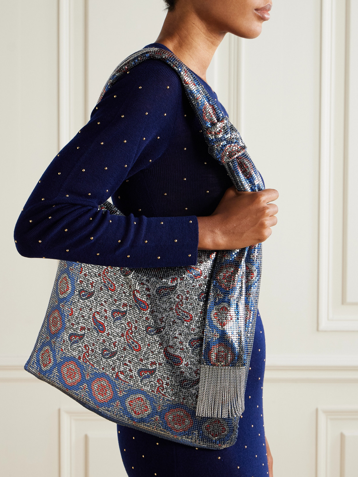 Rabanne Sac A Main Fringed Paisley-print Chainmail Tote In Blue