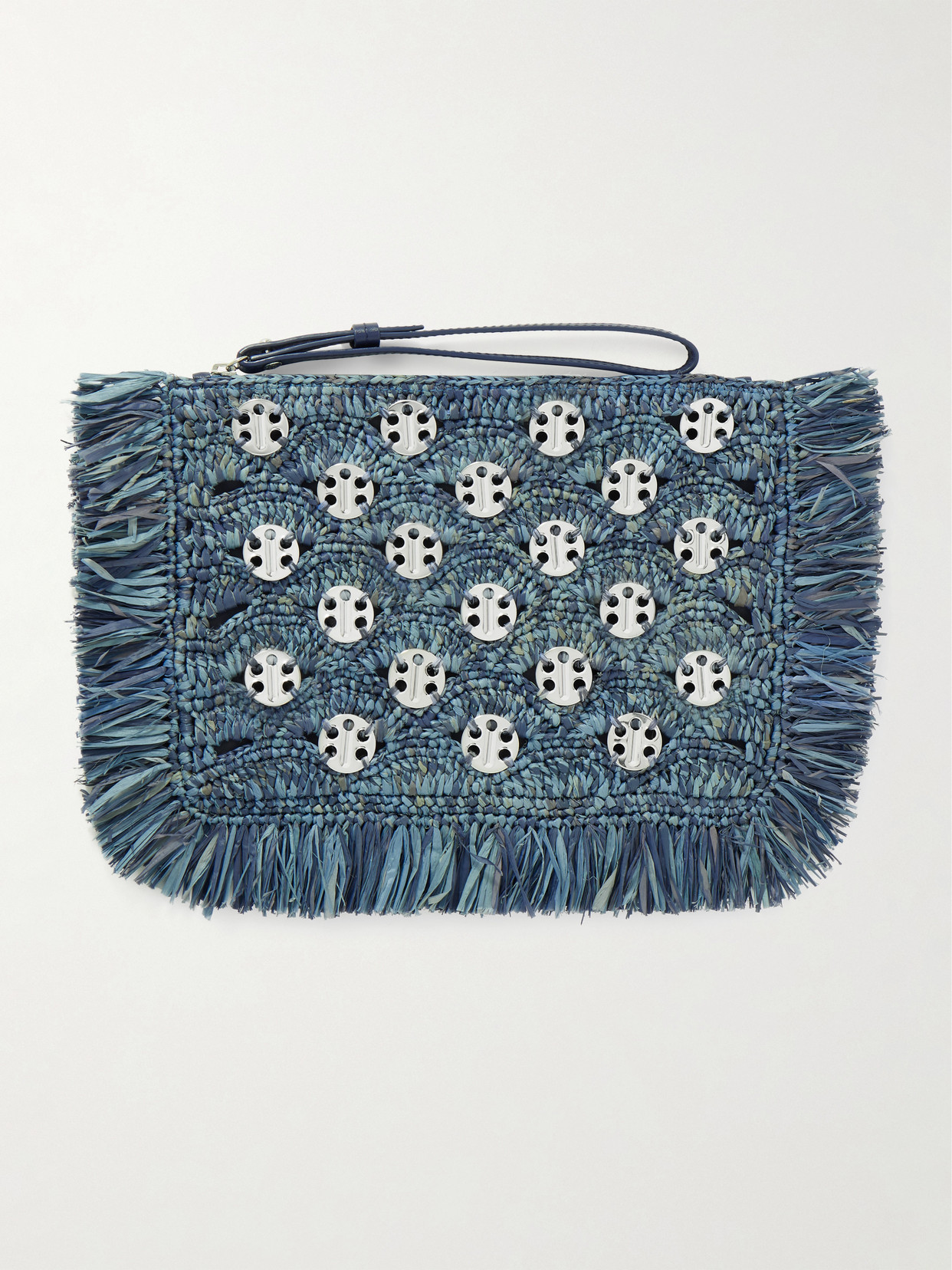 Rabanne Chainmail-embellished Fringed Raffia Clutch In Blue