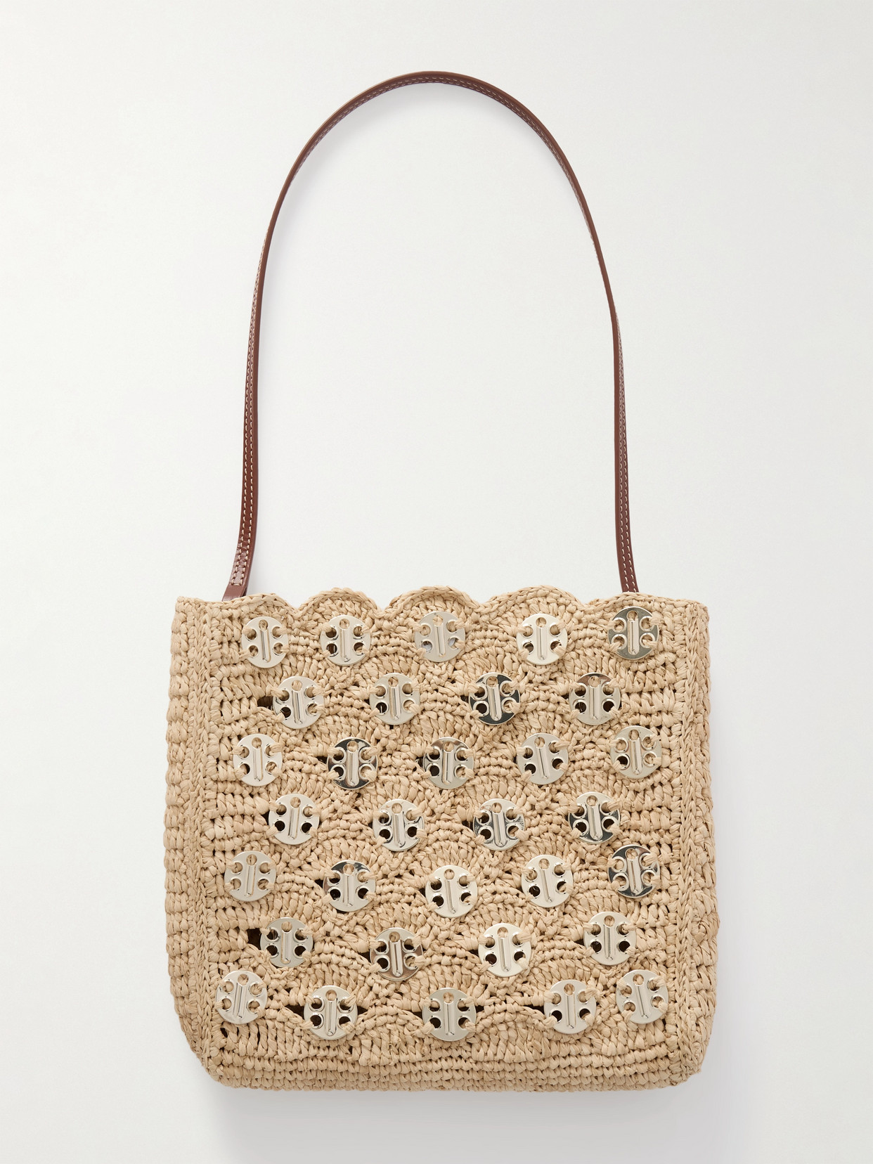 Rabanne Leather-trimmed Embellished Woven Raffia Shoulder Bag In Neutral