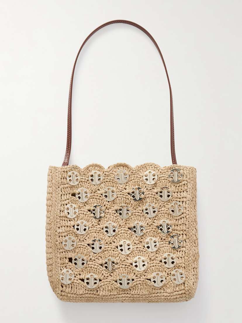 Rabanne Leather-trimmed Embellished Woven Raffia Shoulder Bag