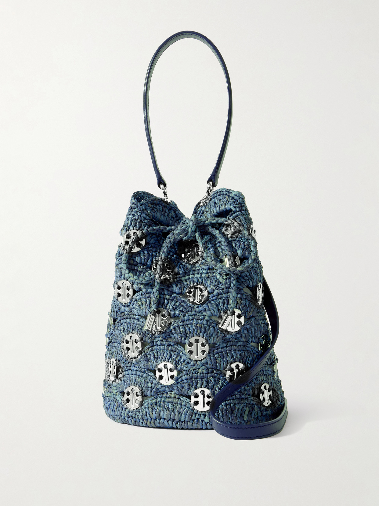 Rabanne Chainmail-embellished Raffia Bucket Bag In Blue