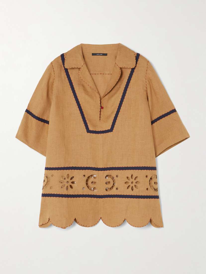 Vita Kin Emma Topstitched Broderie Anglaise Linen Blouse