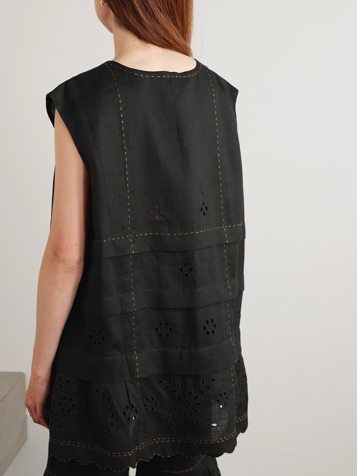 Gigi Topstitched Broderie Anglaise Linen Tank
