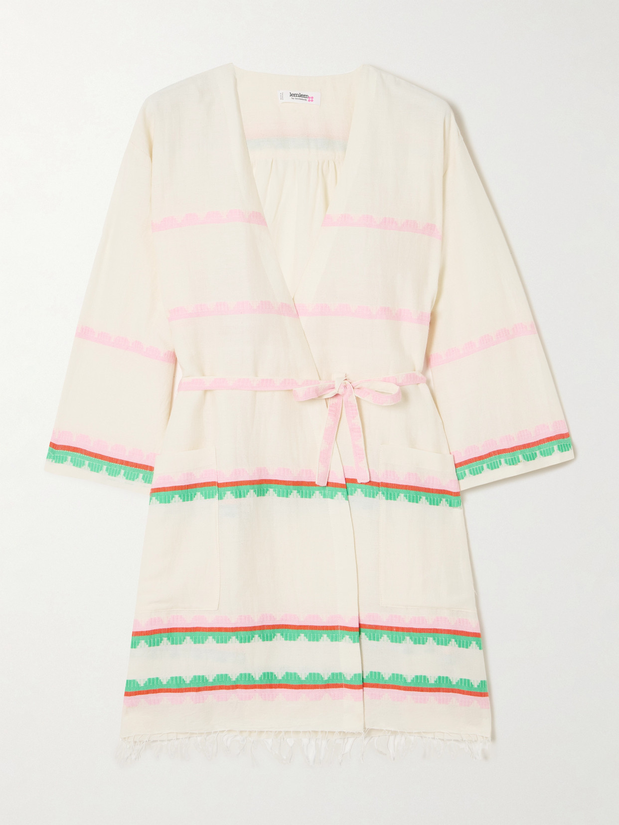 Lemlem Imani Belted Fringed Striped Cotton Coverup In Neutrals