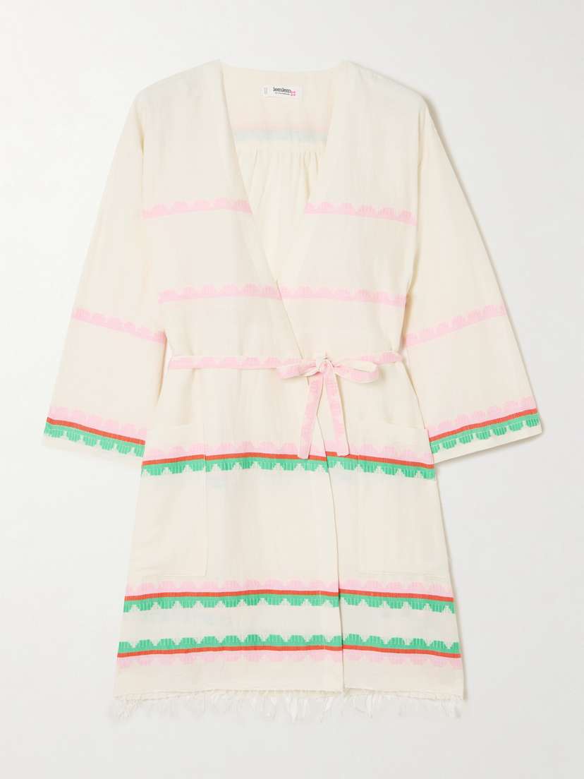 Lemlem Imani Belted Fringed Striped Cotton Coverup