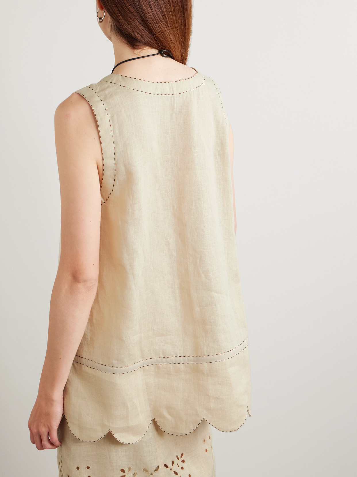 Vita Kin Orlando Topstitched Broderie Anglaise Linen Tank