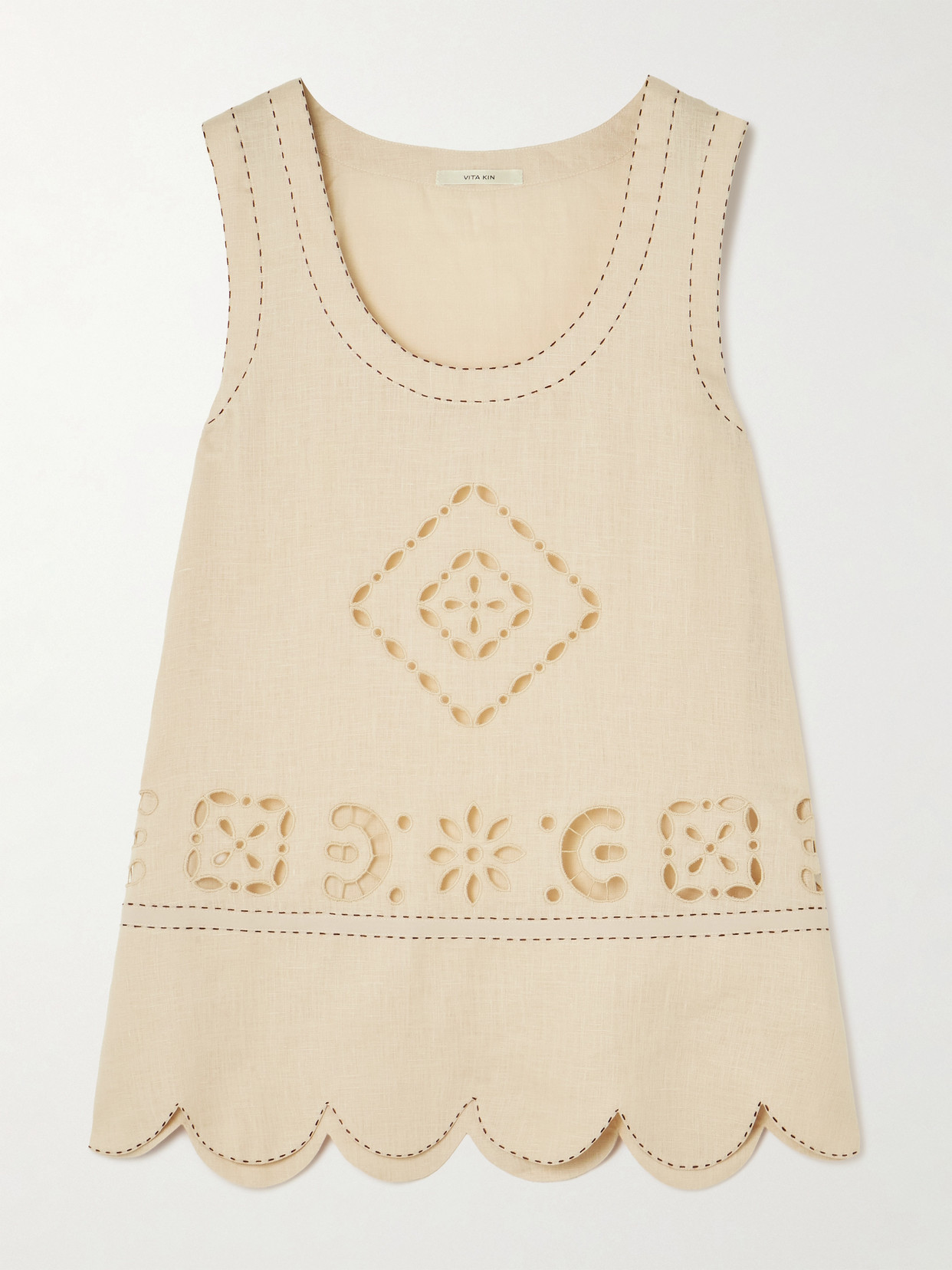 Vita Kin Orlando Topstitched Broderie Anglaise Linen Tank In Neutral