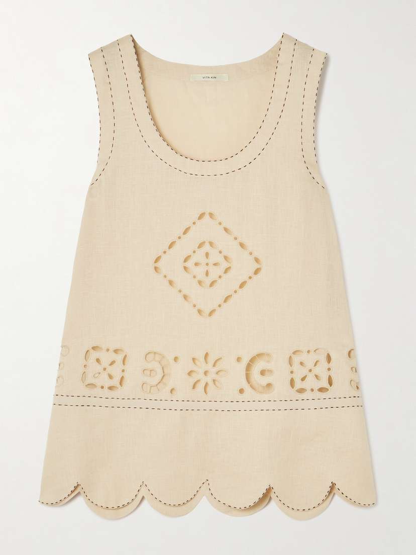 Vita Kin Orlando Topstitched Broderie Anglaise Linen Tank