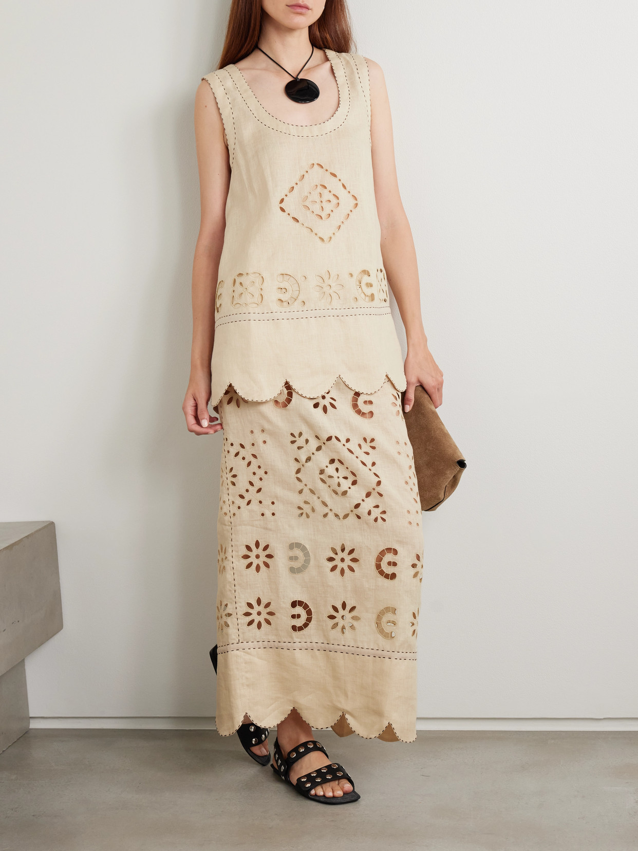 Vita Kin Orlando Topstitched Broderie Anglaise Linen Tank