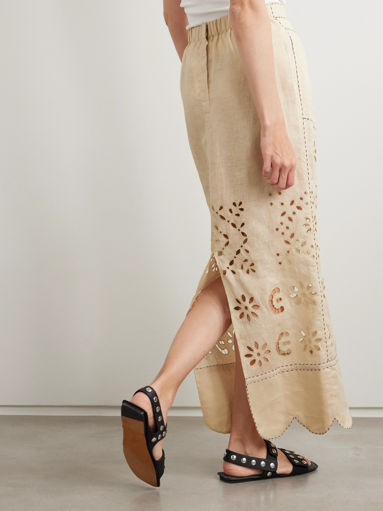 VITA KIN ORLANDO SCALLOPED BRODERIE ANGLAISE LINEN MAXI SKIRT