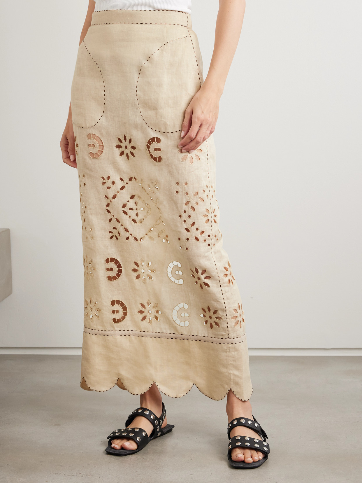 VITA KIN ORLANDO SCALLOPED BRODERIE ANGLAISE LINEN MAXI SKIRT