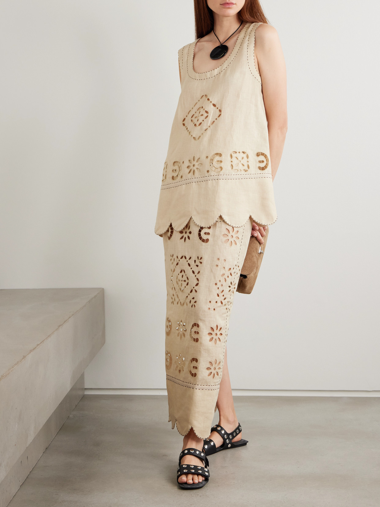 VITA KIN ORLANDO SCALLOPED BRODERIE ANGLAISE LINEN MAXI SKIRT