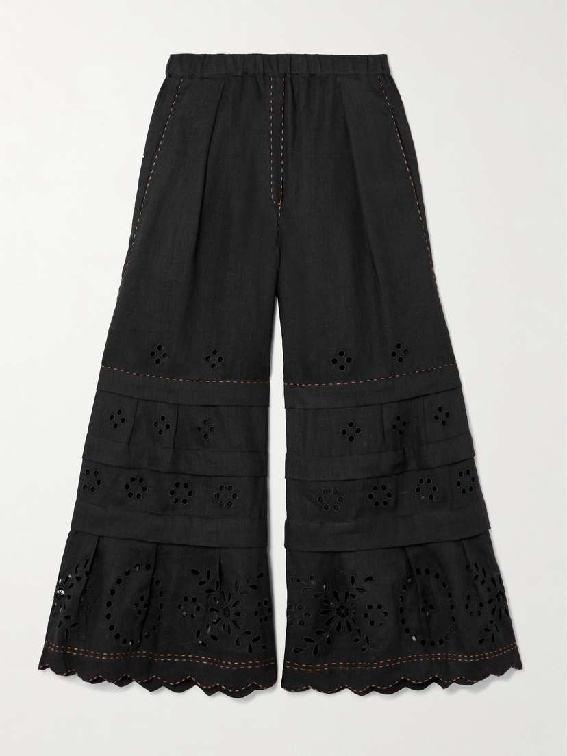 Vita Kin Gigi Scalloped Pleated Broderie Anglaise Linen Flared Pants