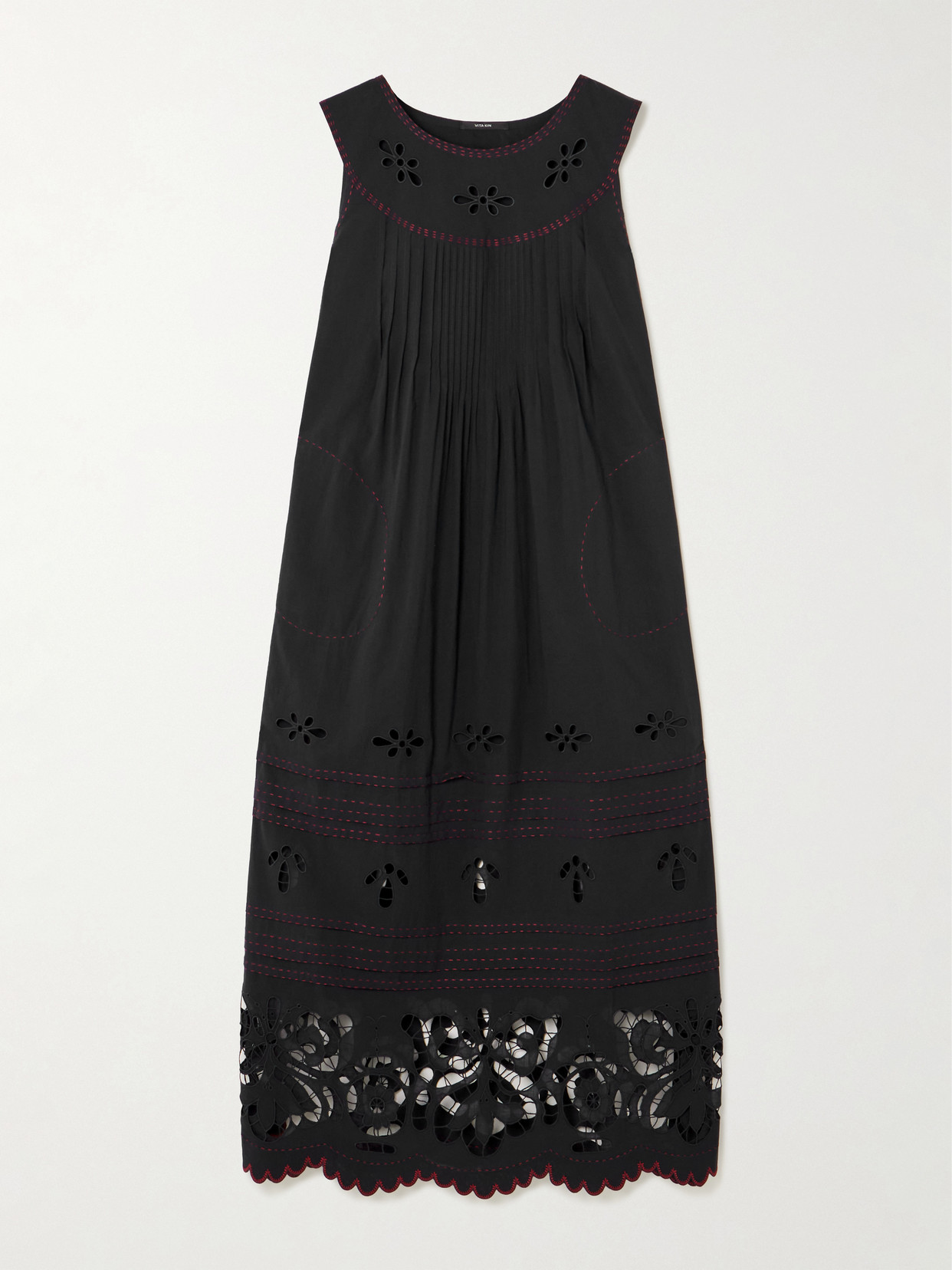 Vita Kin Cleo Pintucked Broderie Anglaise Cotton-batiste Midi Dress In Black