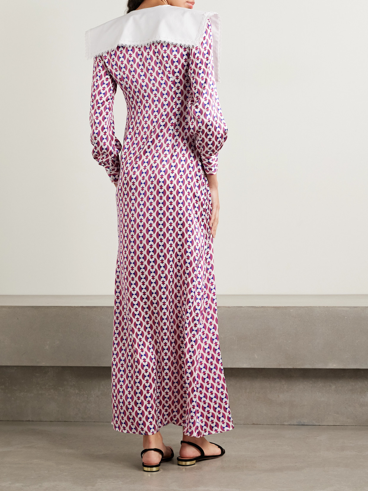 CRISTIANO MARCHELI SOFIA LACE AND POPLIN-TRIMMED PRINTED SILK-BLEND SATIN MAXI DRESS