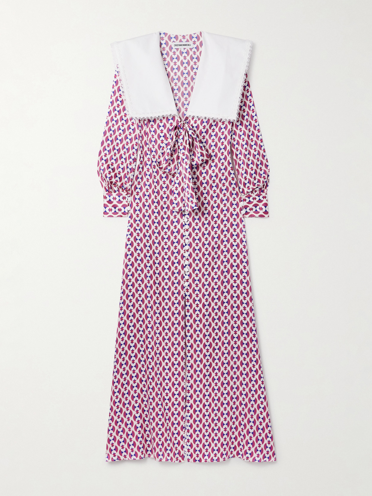 Cristiano Marcheli Sofia Lace And Poplin-trimmed Printed Silk-blend Satin Maxi Dress