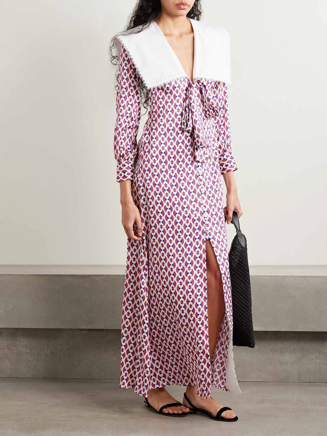 CRISTIANO MARCHELI SOFIA LACE AND POPLIN-TRIMMED PRINTED SILK-BLEND SATIN MAXI DRESS