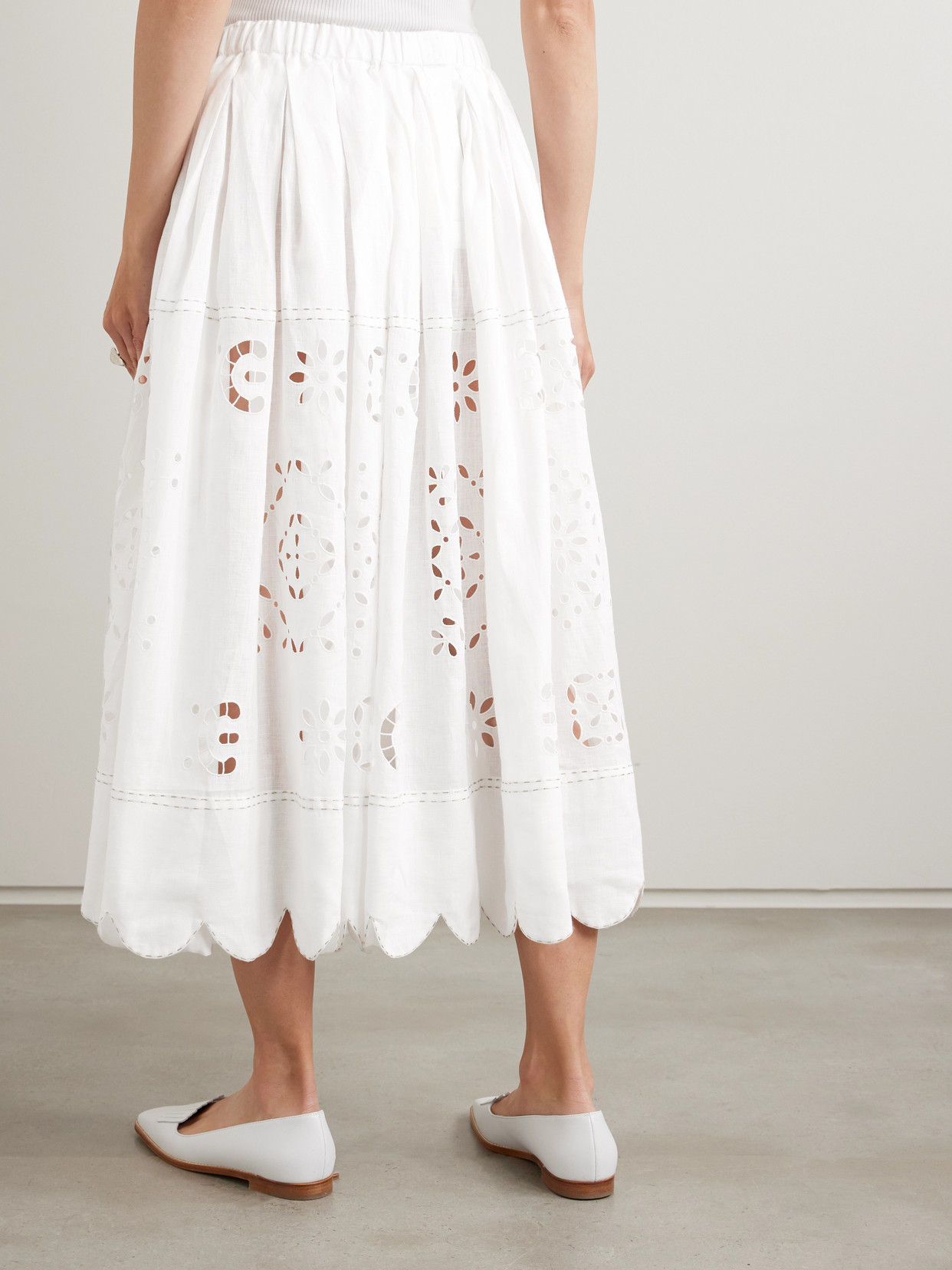 Vita Kin Emma Scalloped Pleated Broderie Anglaise Linen Midi Skirt In White