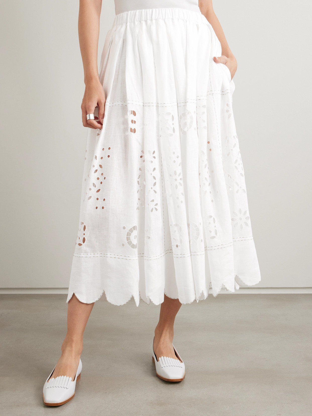 Vita Kin Emma Scalloped Pleated Broderie Anglaise Linen Midi Skirt In White