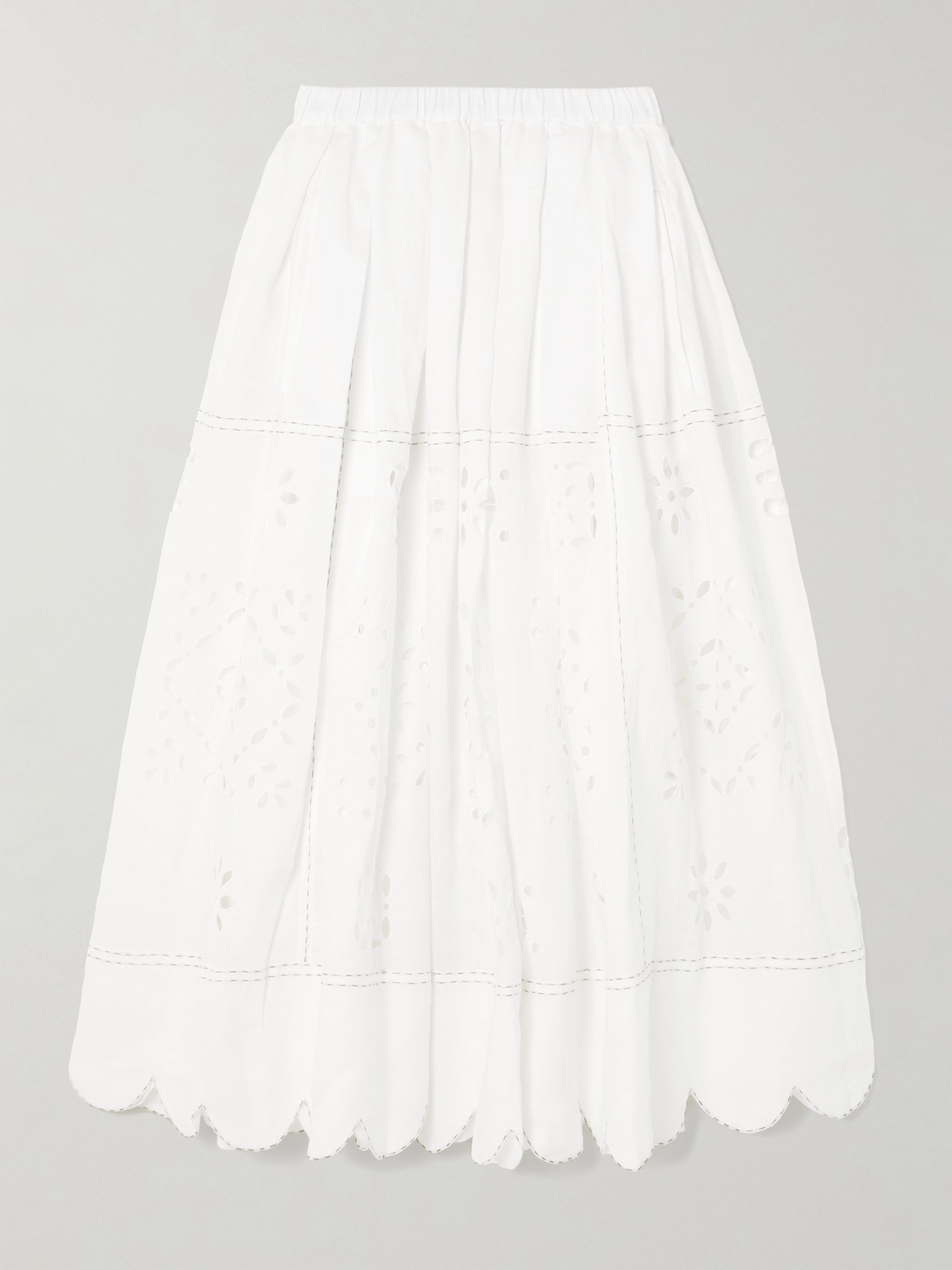 Vita Kin Emma Scalloped Pleated Broderie Anglaise Linen Midi Skirt In White