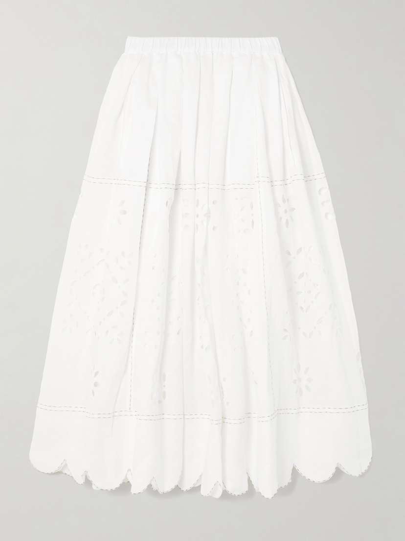 Vita Kin Emma Scalloped Pleated Broderie Anglaise Linen Midi Skirt