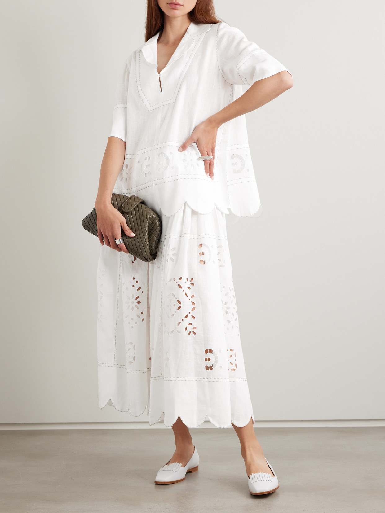Vita Kin Emma Scalloped Pleated Broderie Anglaise Linen Midi Skirt In White