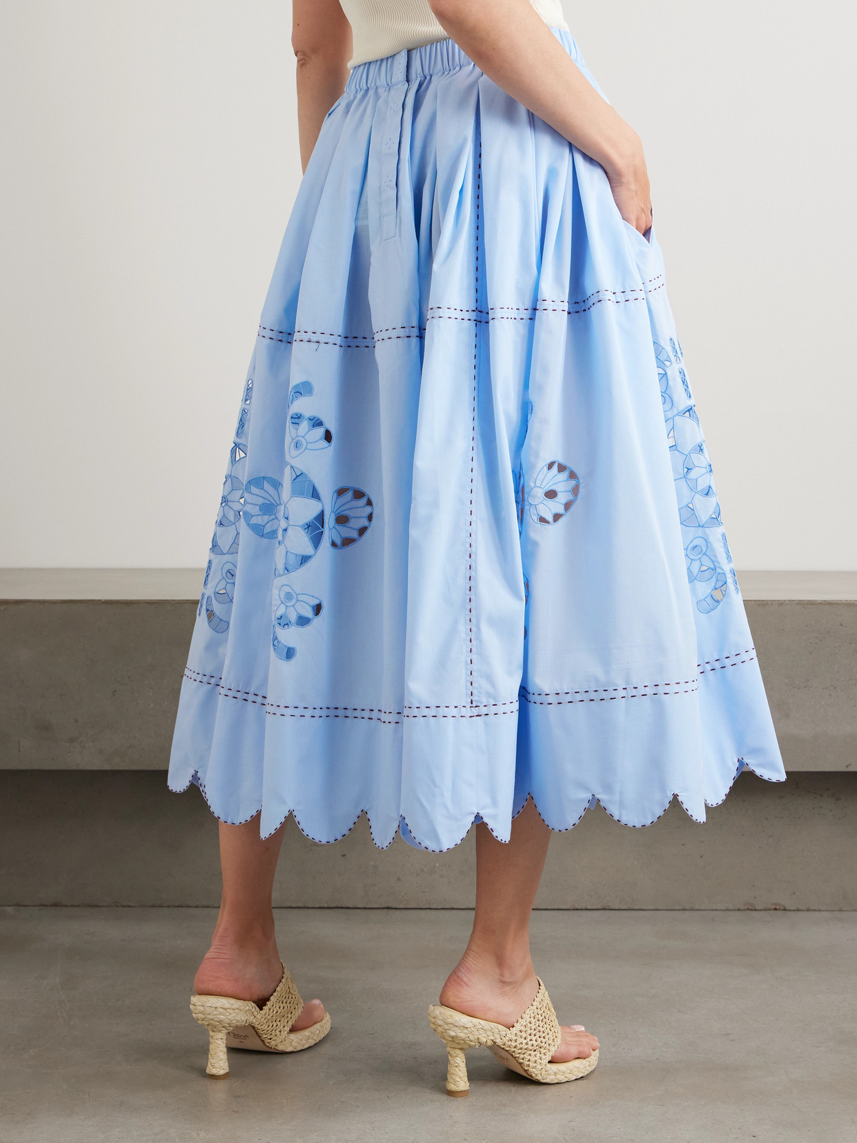 Havana Scalloped Pleated Broderie Anglaise Cotton-Poplin Midi