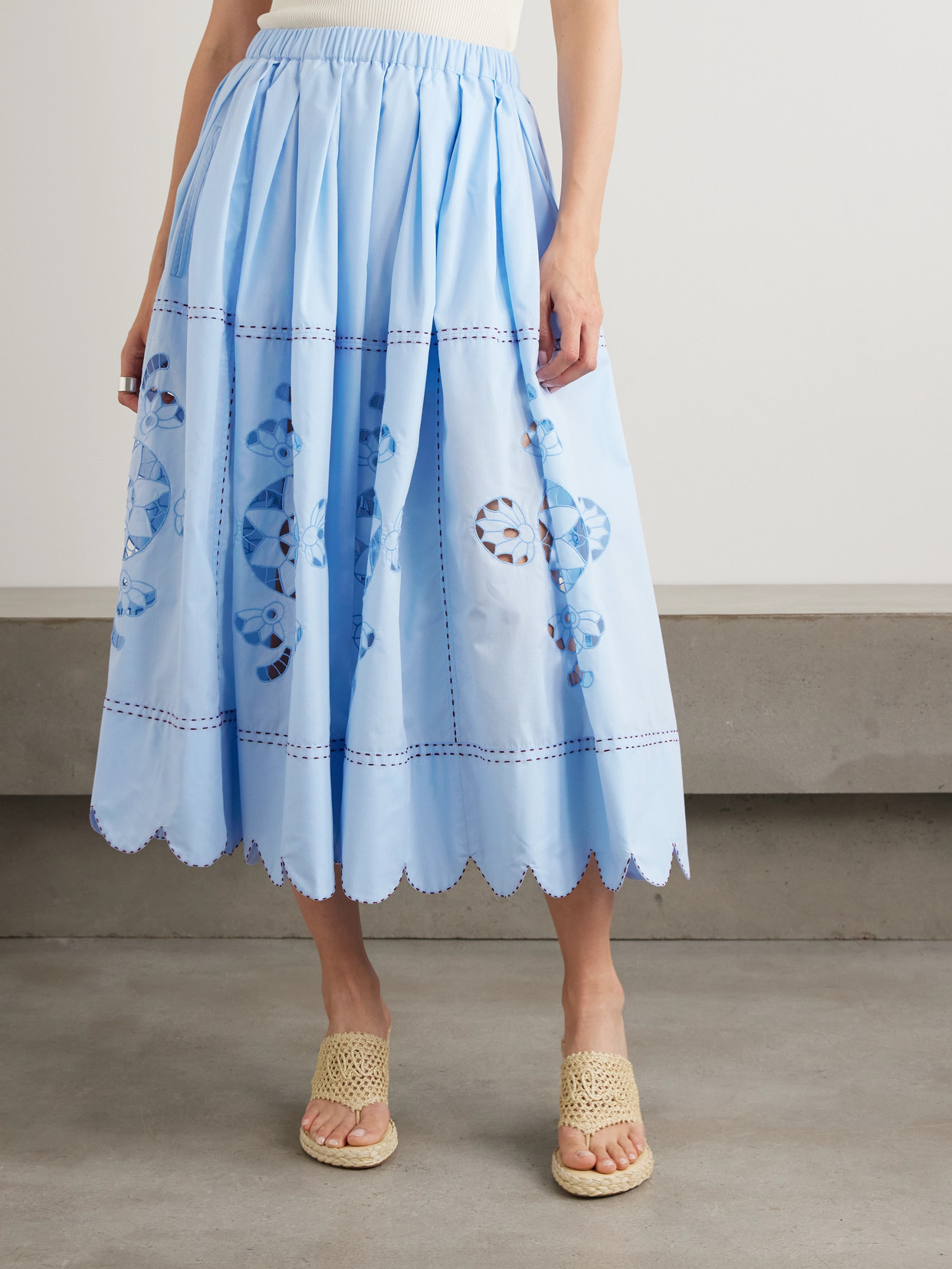 Havana Scalloped Pleated Broderie Anglaise Cotton-Poplin Midi