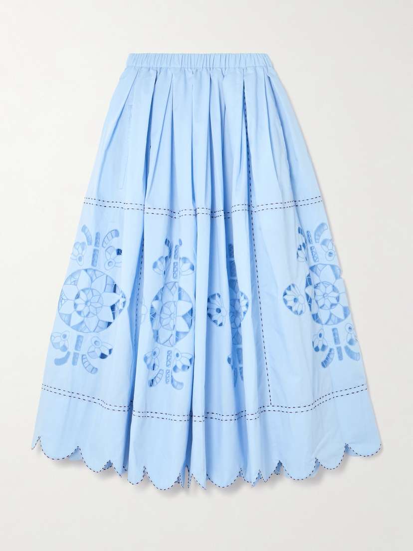 Vita Kin Havana Scalloped Pleated Broderie Anglaise Cotton-poplin Midi Skirt