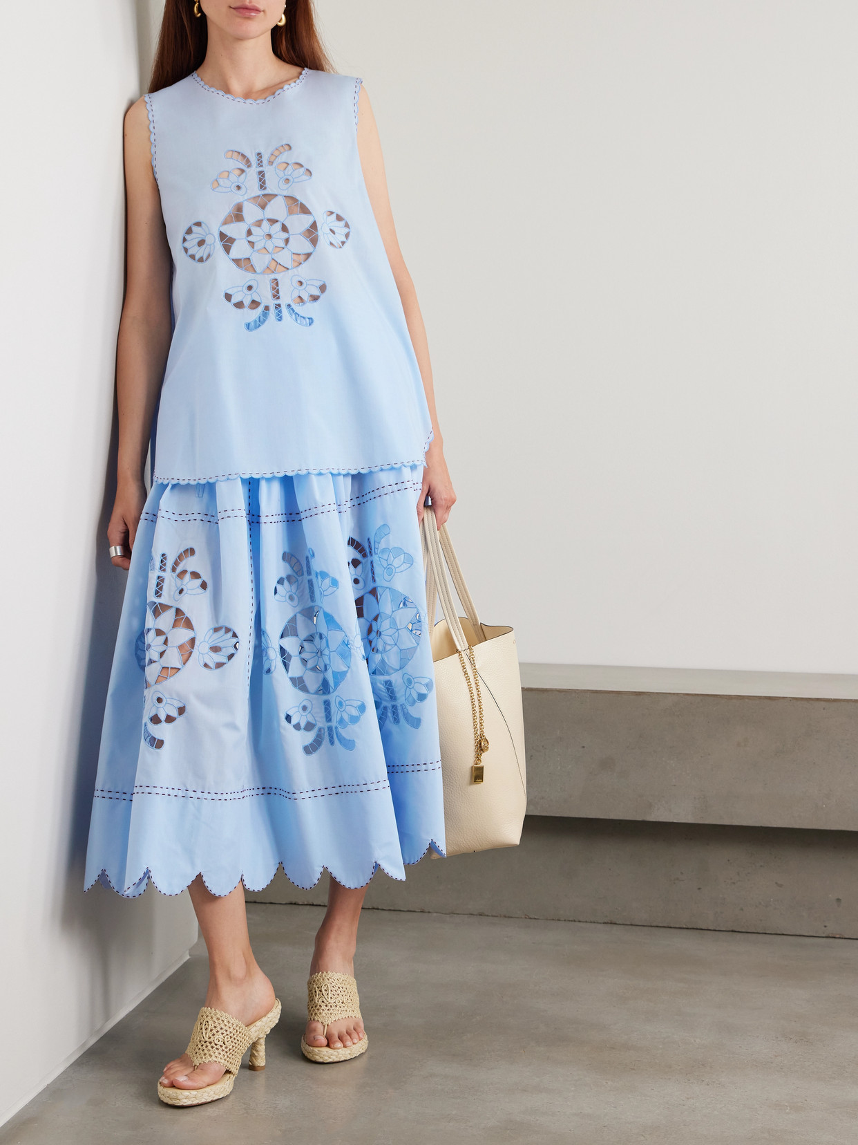 Havana Scalloped Pleated Broderie Anglaise Cotton-Poplin Midi