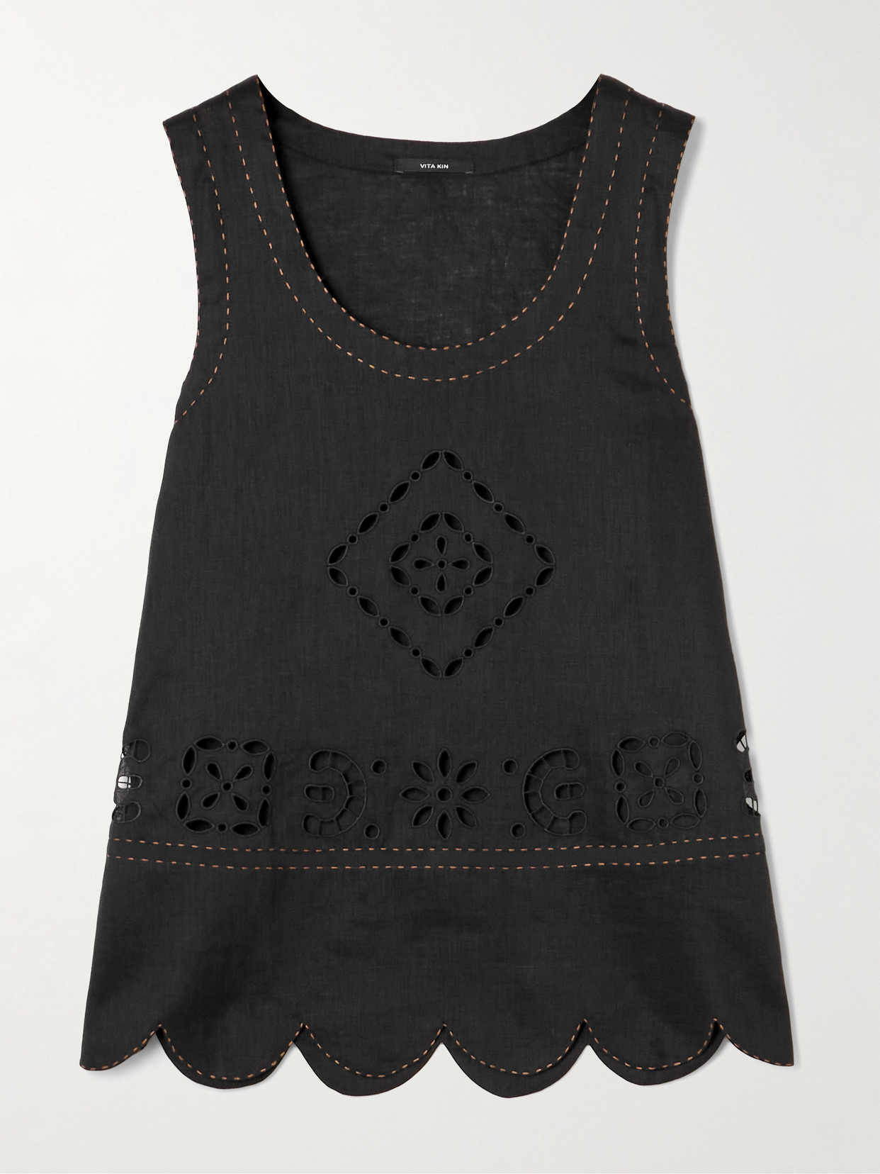 Vita Kin Orlando Scalloped Broderie Anglaise Linen Tank In Black