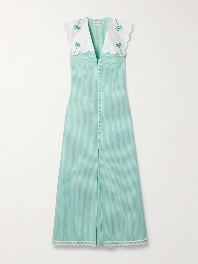 Cristiano Marcheli Isabella Embroidered Silk Dupioni-trimmed Striped Cotton-poplin Maxi Dress